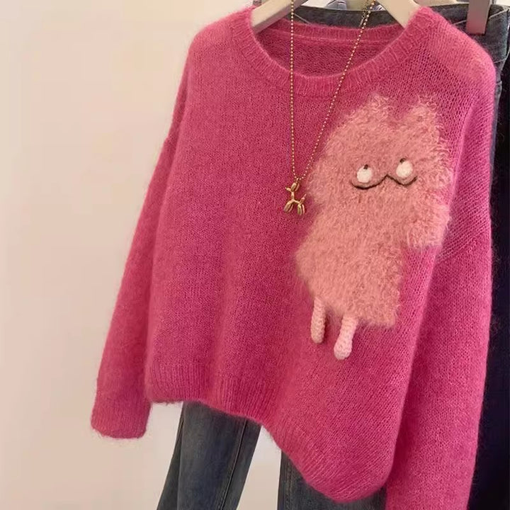 Dame hyggelig sweater med cartoon-applikation og blødt materiale Stilla