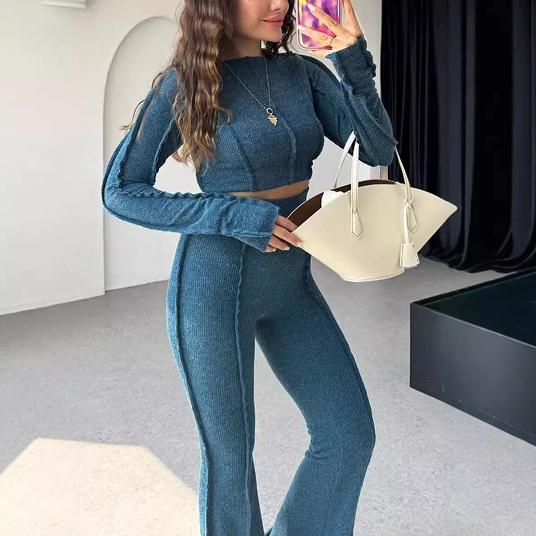 Stilla | Sæt Revet Strik Loungewear Slim Fit Afkortet Pullover og Højtaljede Bukser