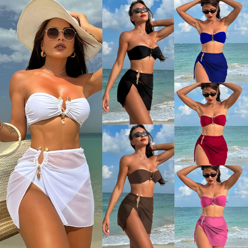 Dame Bandeau-bikini-sæt med elegant nederdel-overlay Skovae