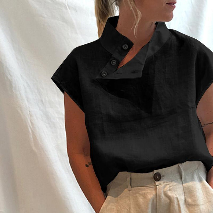 Dame moderne bluse med høj krave og elegante knapdetaljer Skovae