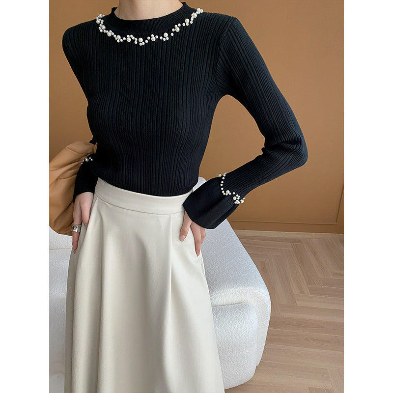 Kvinders langærmet sweater med perledekorations Stilla