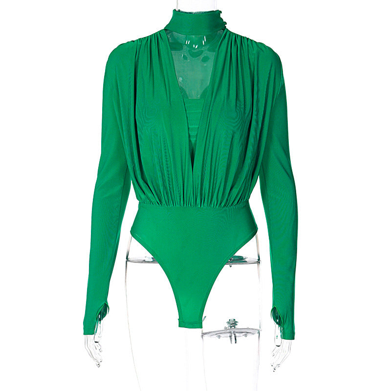 Dame Elegant Langærmet Bodysuit med højtstående Krave og gennemsigtig Indsats Stilla