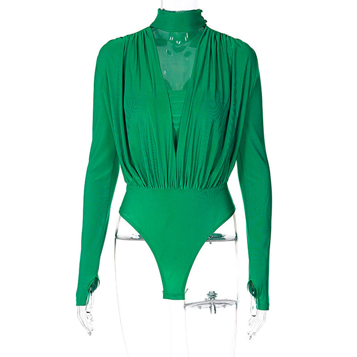 Dame Elegant Langærmet Bodysuit med højtstående Krave og gennemsigtig Indsats Stilla