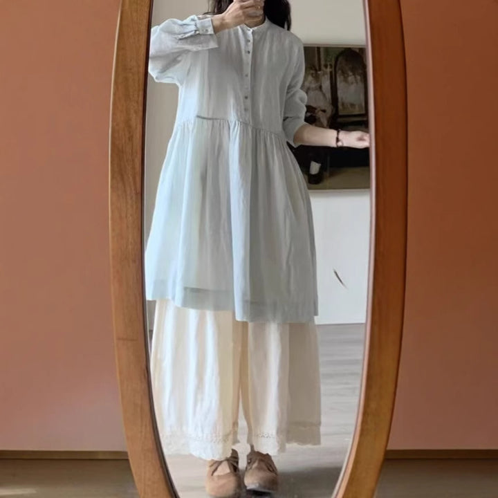 Dame Relaxed Fit Button-Up Kjole med plisseret A-linje Skirt Stilla