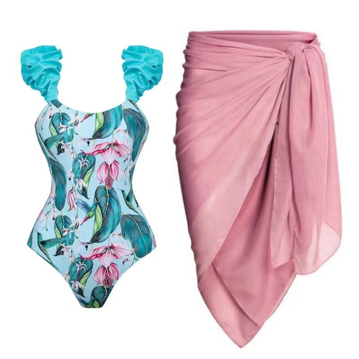 Dame one-piece badedragt med flæseret stropper og blomster mønster Stilla