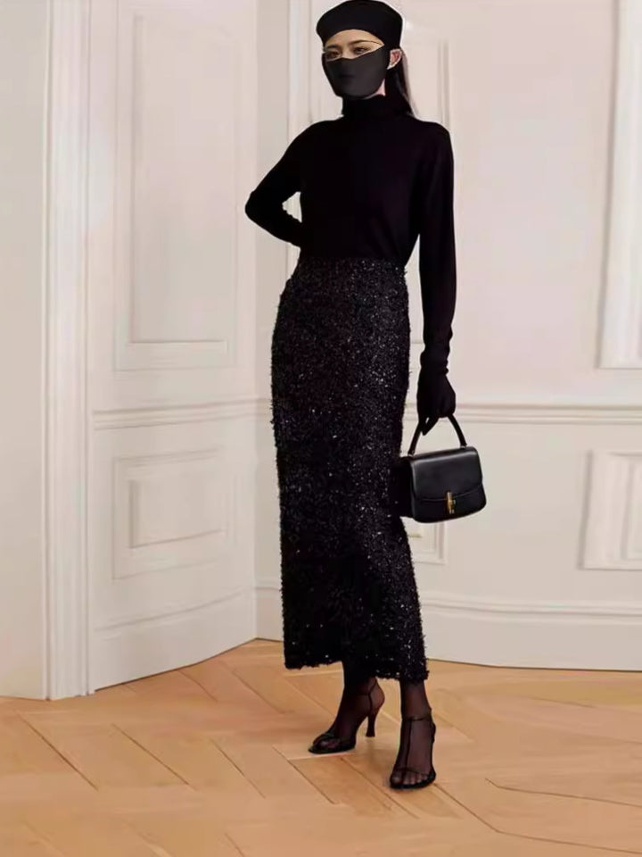 Dame Elegant, glitrende Midi-nederdel lavet af struktureret stofoverflade med høj talje Stilla