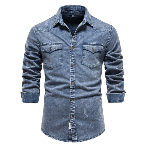 Herrer Denim-skjorte med moderne snit og to brystlommer Stilla