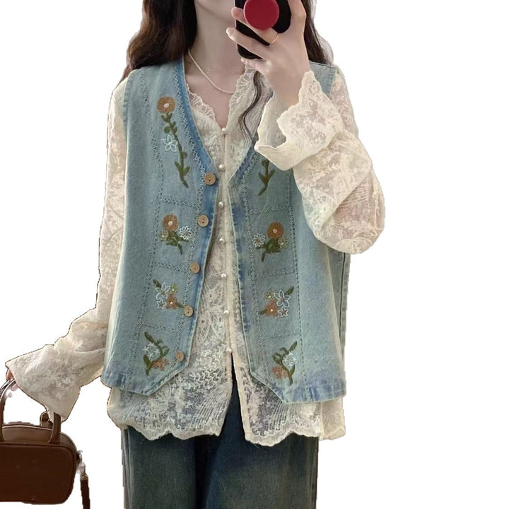 Kvinders denimvest med blomsterbroderi design Stilla