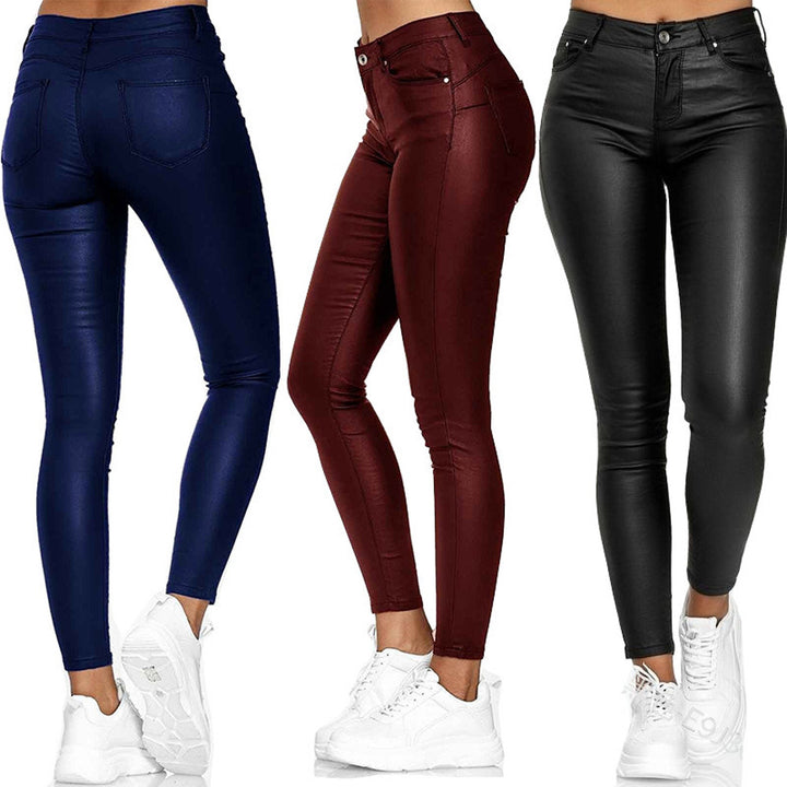Dame Højdeskåret Skinny Jeans i Læderlook med Lommer Stilla