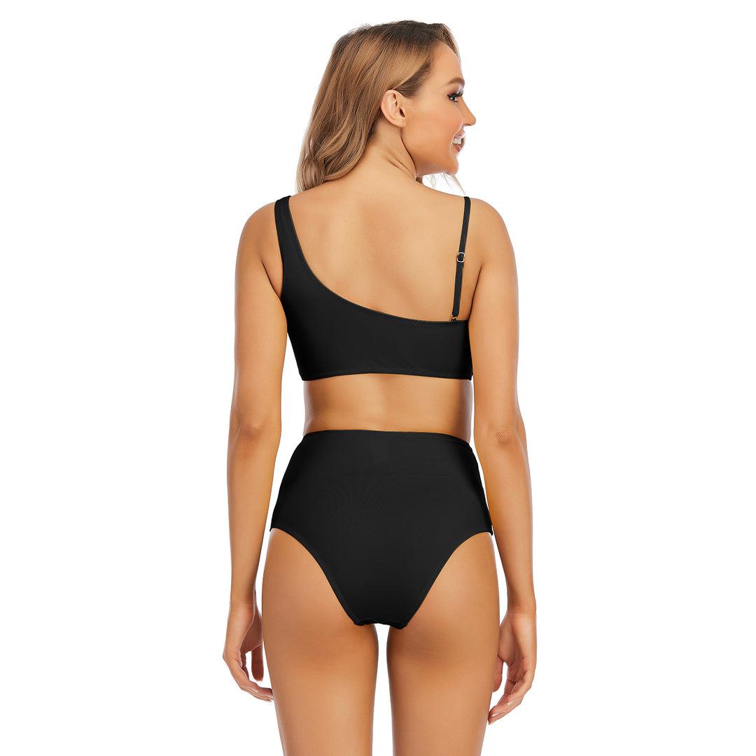 Dame højtalje-bikini med asymmetrisk top og dekoreret bindebælte Stilla