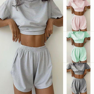 Dame casual crop-top og shorts sæt med stribet mønster Skovae