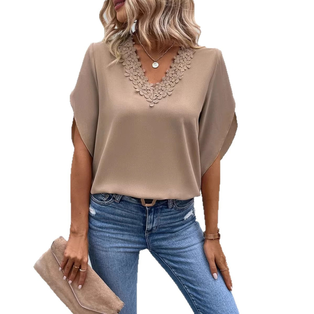 Dame elegant bluse med spidsapplikation Skovae