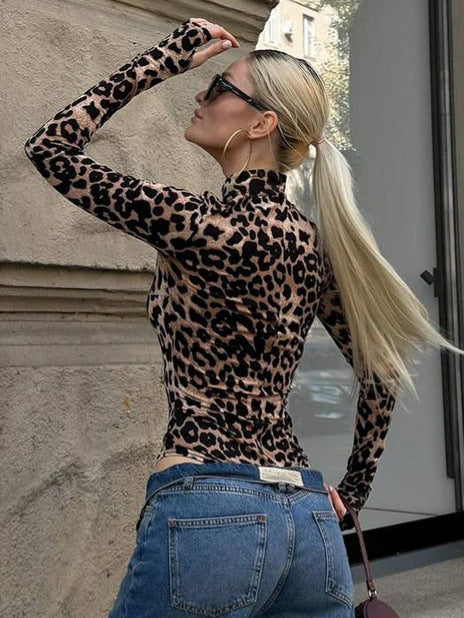 Dame Langærmet Bodysuit med asymmetrisk Udsnit og Leopardmønster Stilla