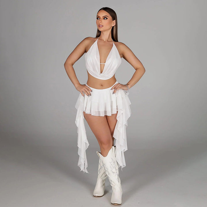 Damen Platziertes Mini-Kleid mit voluminösem Chiffon-Rüschensaum Skovae