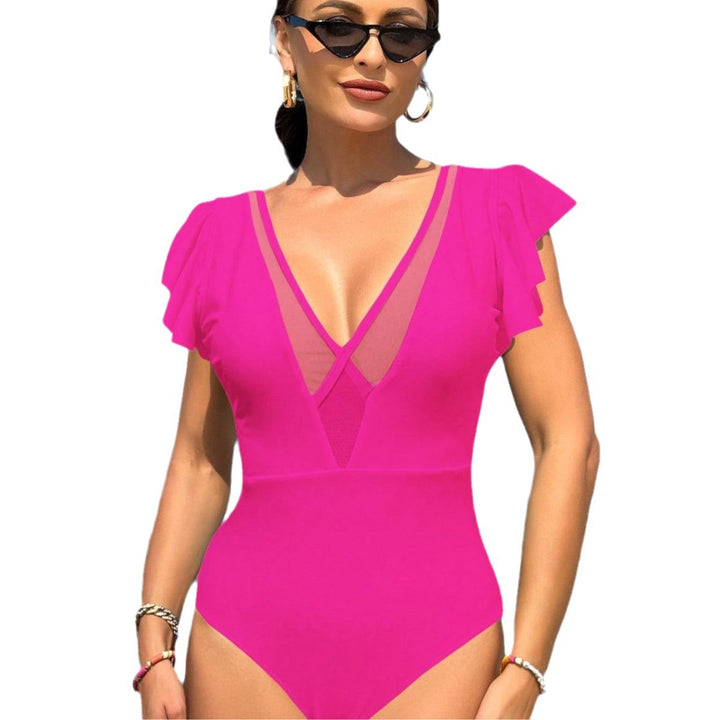 Dame one-piece badedragt med elegante flæser og dyb V-udskæring Skovae