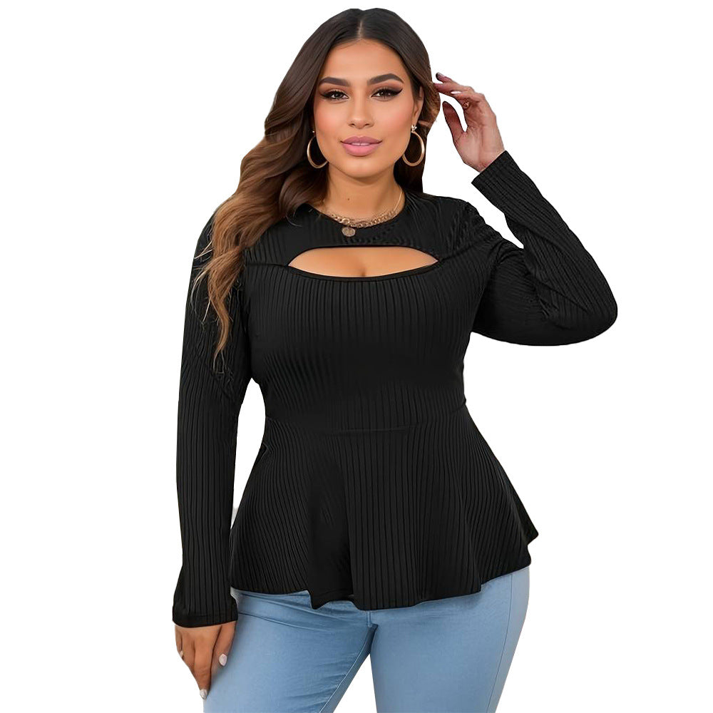 Dame Elegant Langærmet Top med smart Cut-Out og svungent Kant Stilla