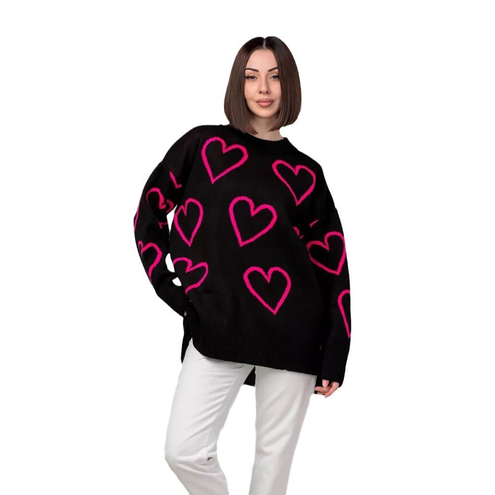 Dame Oversized Hjerte mønster Strikpullover Stilla