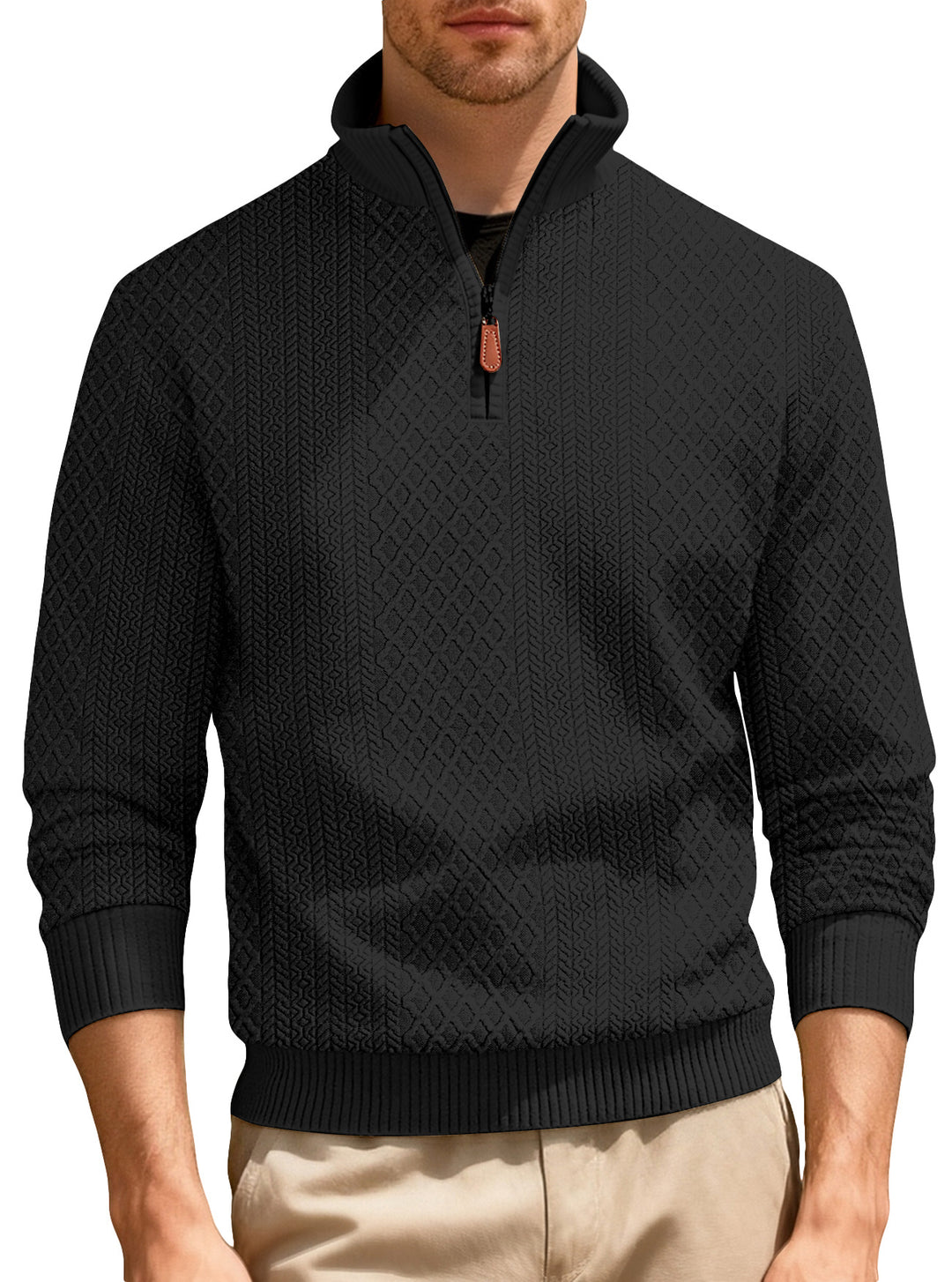 Herren nan finstruktureret halvzip-sweater i jacquard-relief med høj ståkrave og læder-zipper Skovae