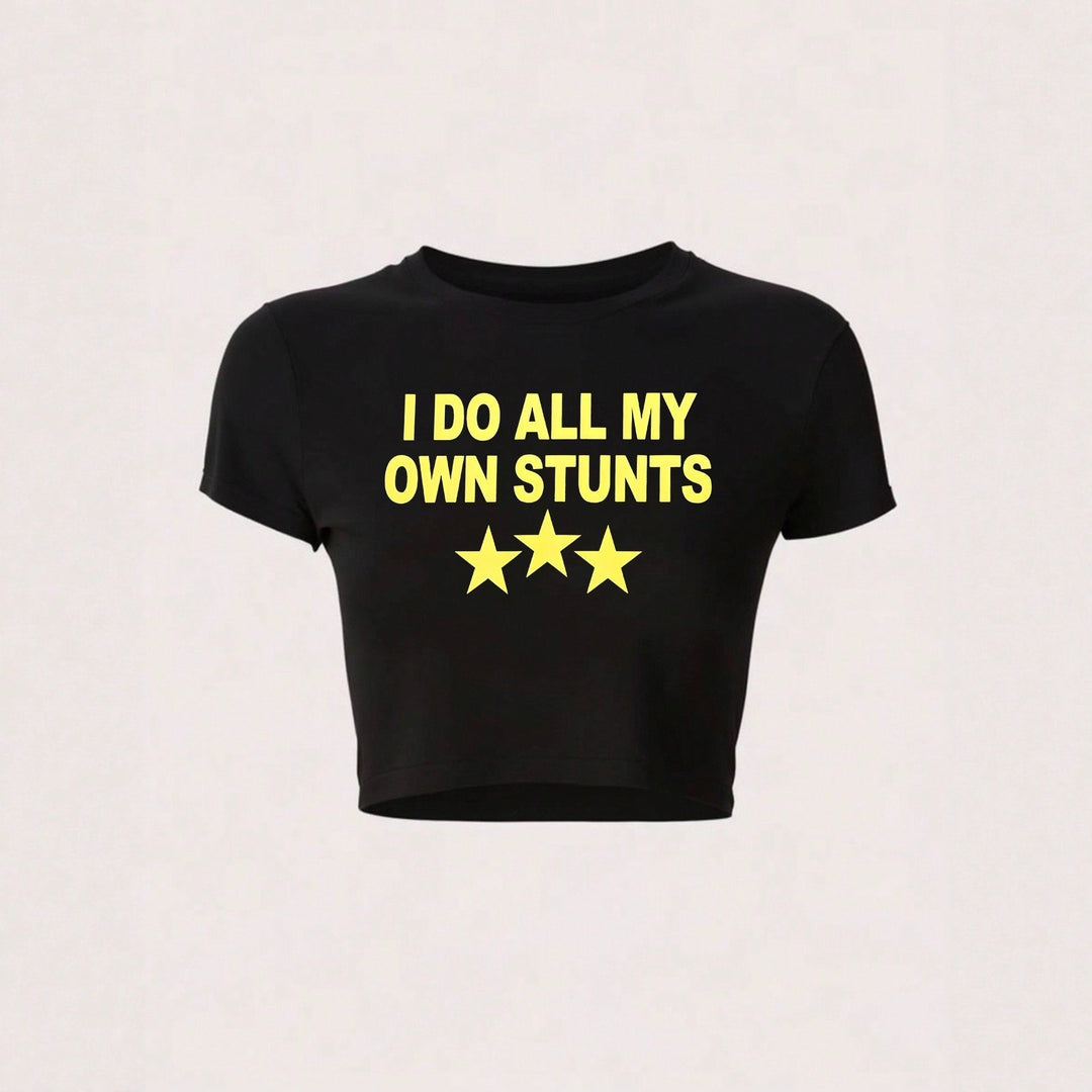 Dame Crop-T-Shirt med sporty statementprint Skovae