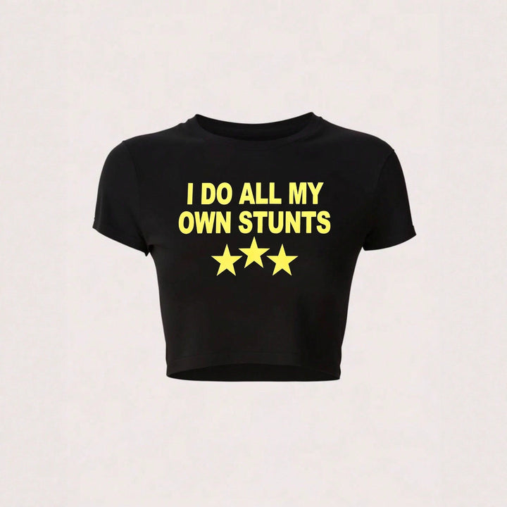 Dame Crop-T-Shirt med sporty statementprint Skovae