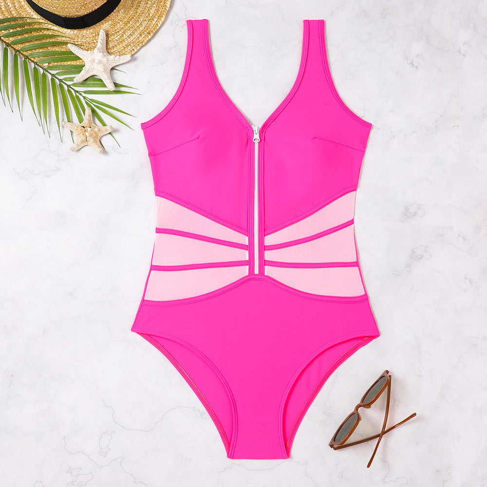 Dame Sporty One-Piece Badedragt med Lynlås og Kontrastpaneler Stilla