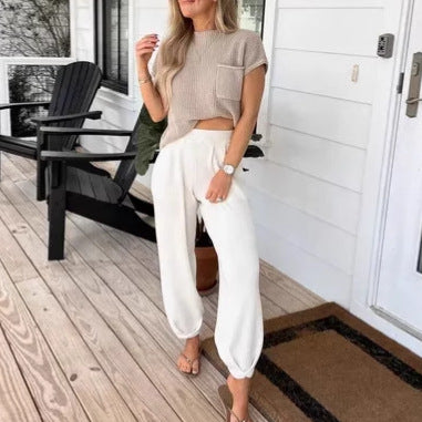 Dame Strik-Loungewear Sæt med cropped top og behagelige bukser Stilla