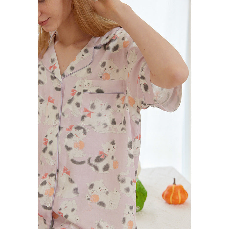 Dame Kortærmet Pyjamasæt med kreativt Dyrdesign og blødt Stof Stilla