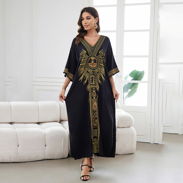 Dame Maxi-Kaftan med kunstnerisk grafikdesign og flydende silhuet Stilla