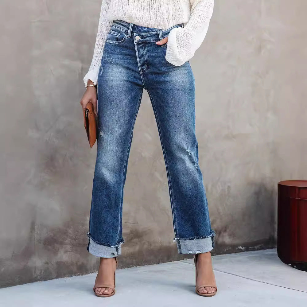 Dame Mom-Jeans med høj talje og fransede sømme Stilla