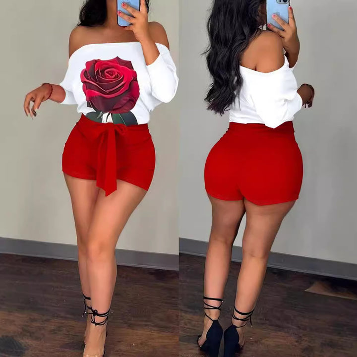 Dame Off-Shoulder Top med blomsterprint og stilfulde shorts Stilla