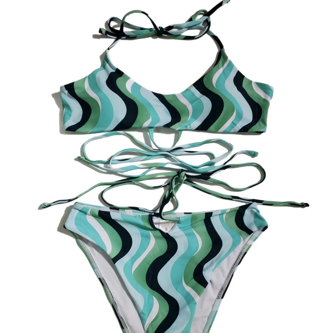 Damer Højskåret Bikini med raffineret Bølge-mønster Skovae