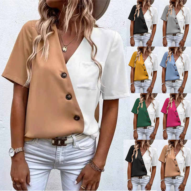 Dame asymmetrisk Button-Up top med kontraststoffer og brystlomme Stilla