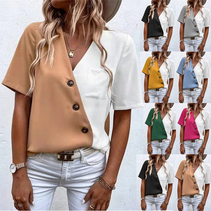 Dame asymmetrisk Button-Up top med kontraststoffer og brystlomme Stilla