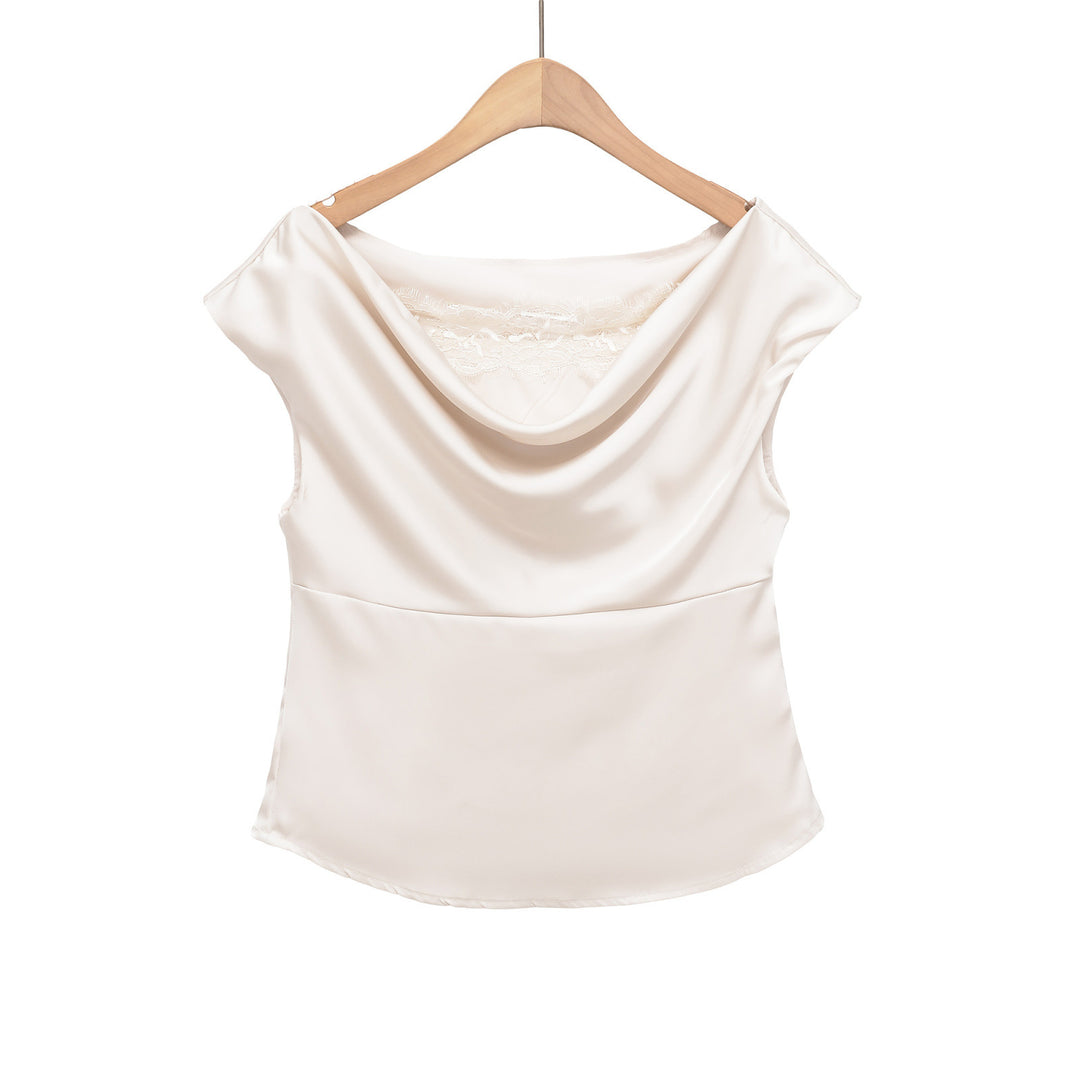 Dame elegant satinbluse med raffineret vandfaldsudskæring Skovae
