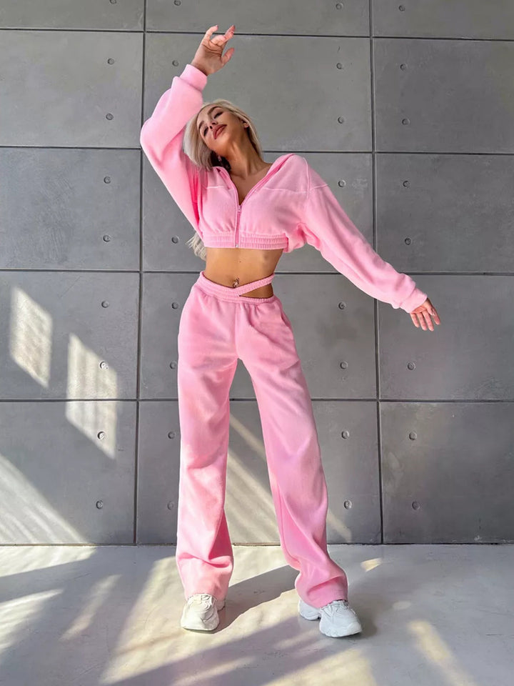Kvinders sporty fleece crop top og joggingbukser sæt Skovae