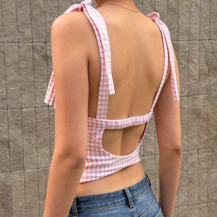 Dame Gingham Crop-Top med søde sløjfe-detaljer Skovae