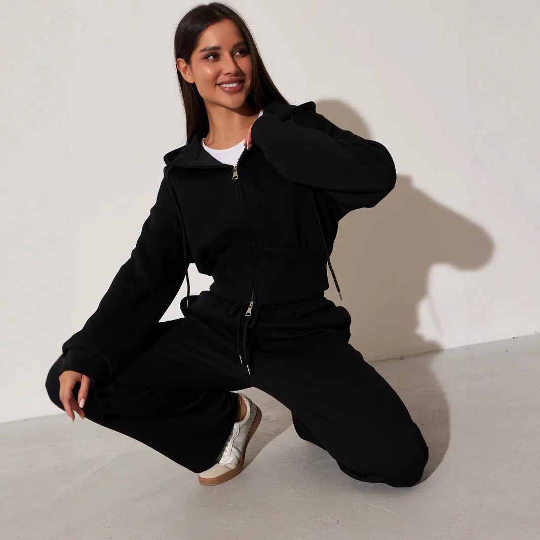 Kvinders afslappede hoodie top og brede sweatpants sæt med høj talje og lynlås Skovae