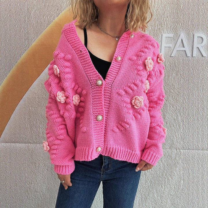 Dame cardigan med blomsterapplikationer og perleknapper Stilla