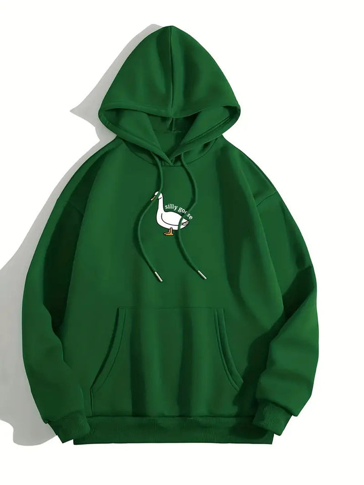 Dame hoodie med kreativ gåsemotiv og blødt fleece indeni Stilla