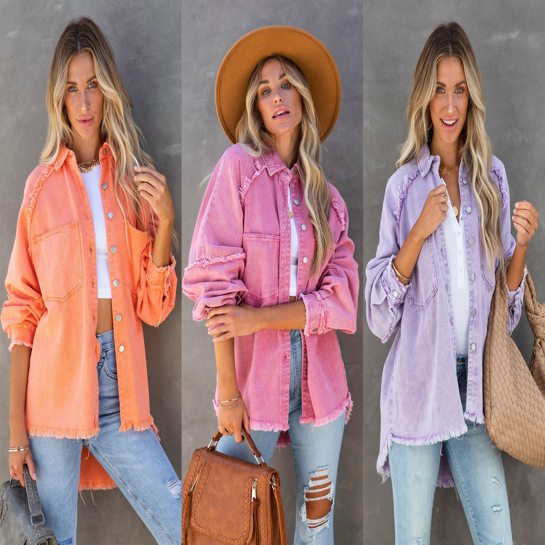 Damer Oversized Denim-Skortejakke med frynset kant og patchwork-detalje Stilla
