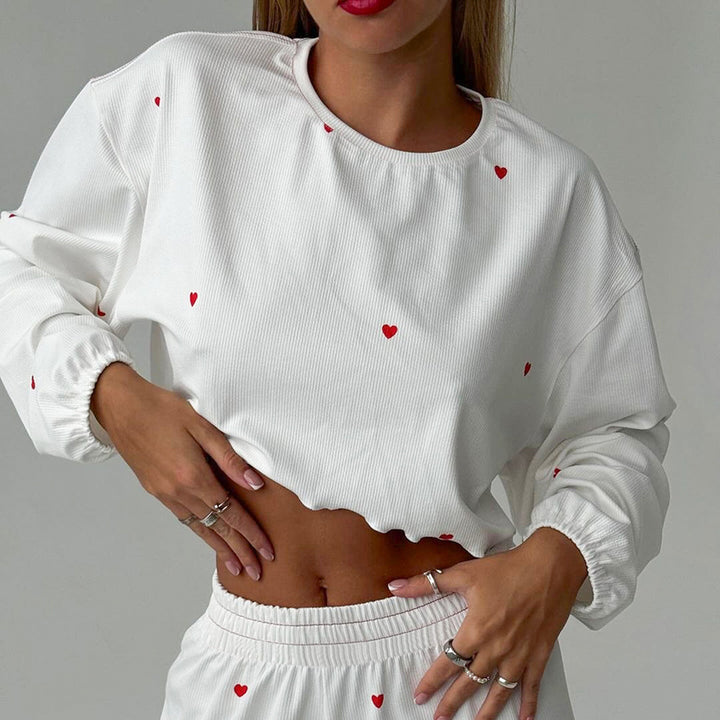 Dame afslappet Crop-Top og løstsiddende bukse sæt med hjerte-motiver Stilla