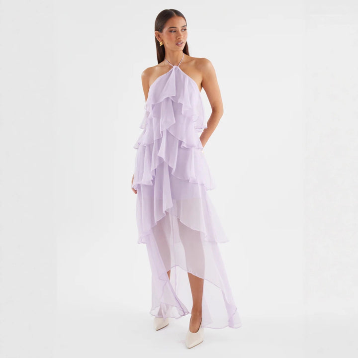 Kvindelige chiffon maxi kjoler med flerlags flæser Skovae
