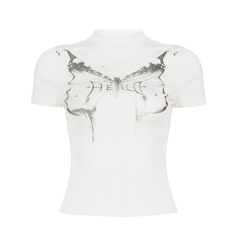 Dame kortærmet T-shirt med elegant sommerfugledesign og høj krave Skovae