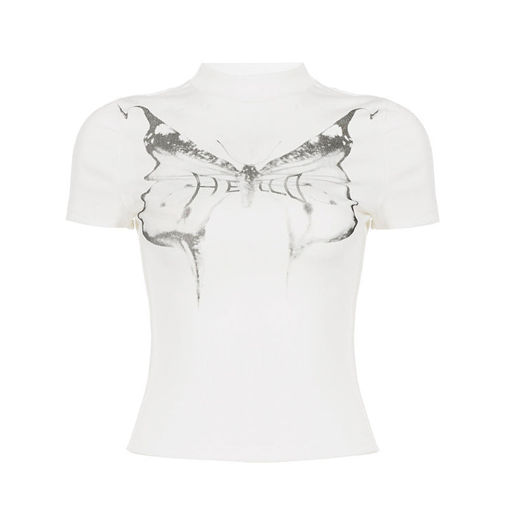 Dame kortærmet T-shirt med elegant sommerfugledesign og høj krave Skovae