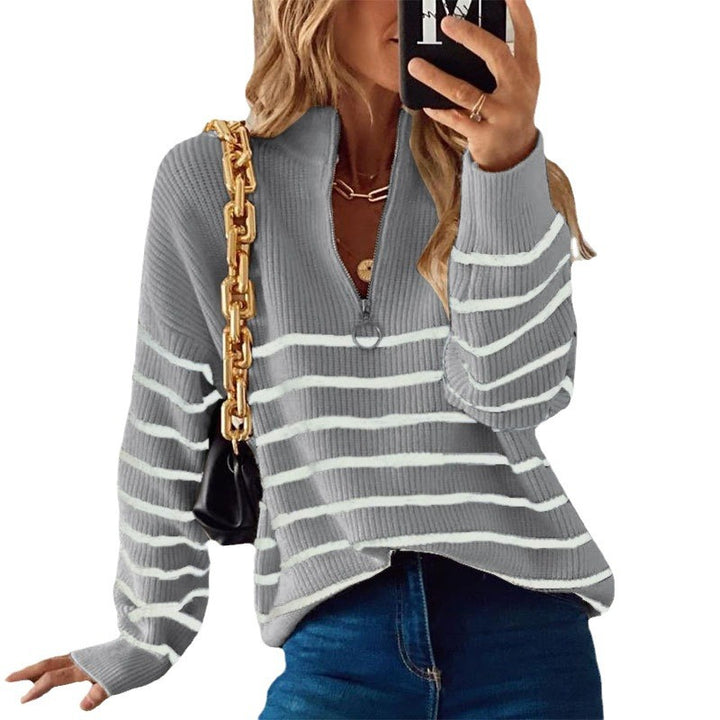 Kvinders strikket sweater med trendy lynlås og stribemønster Stilla