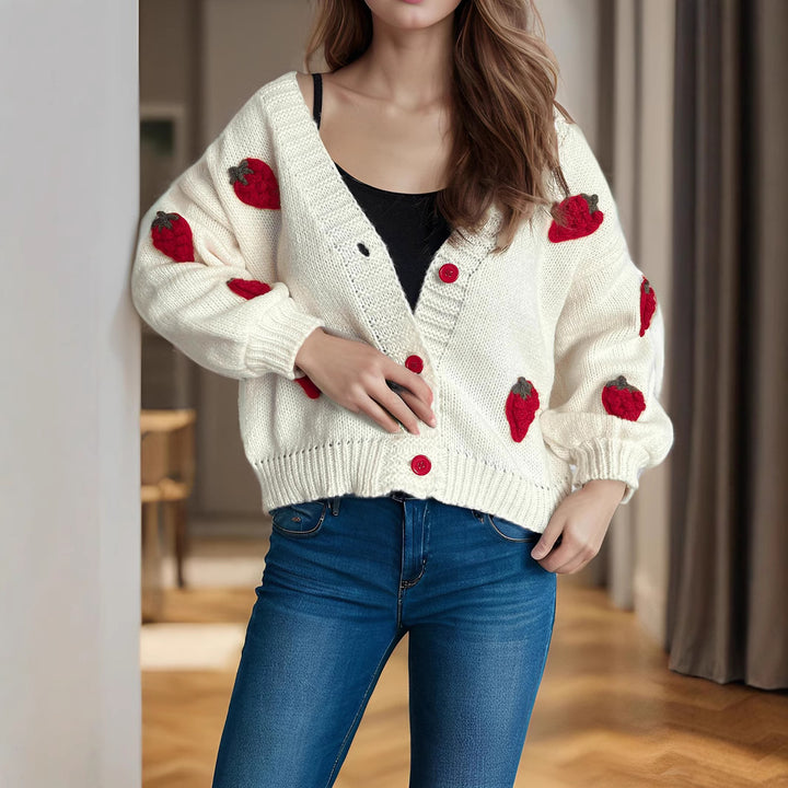 Dame cardigan med legende jordbærmotiv og store knapper Stilla