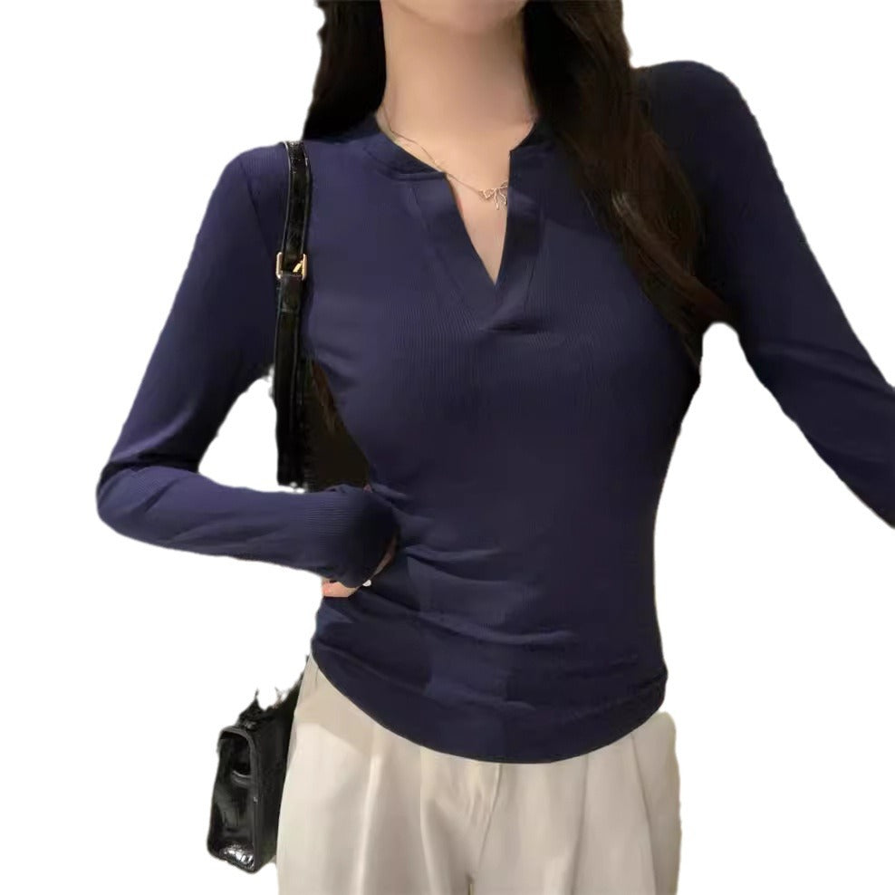 Dame Rib Langærmet Henley Top med moderne V-udskæring Stilla