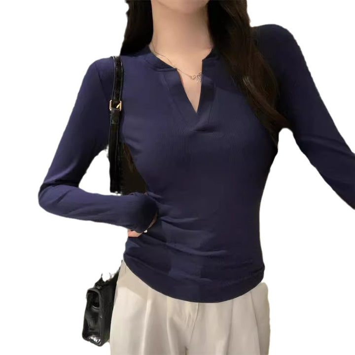 Dame Rib Langærmet Henley Top med moderne V-udskæring Stilla