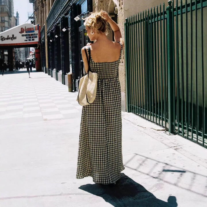 Dame Gingham Ternet Maxi-Kjole med justerbare stropper Stilla