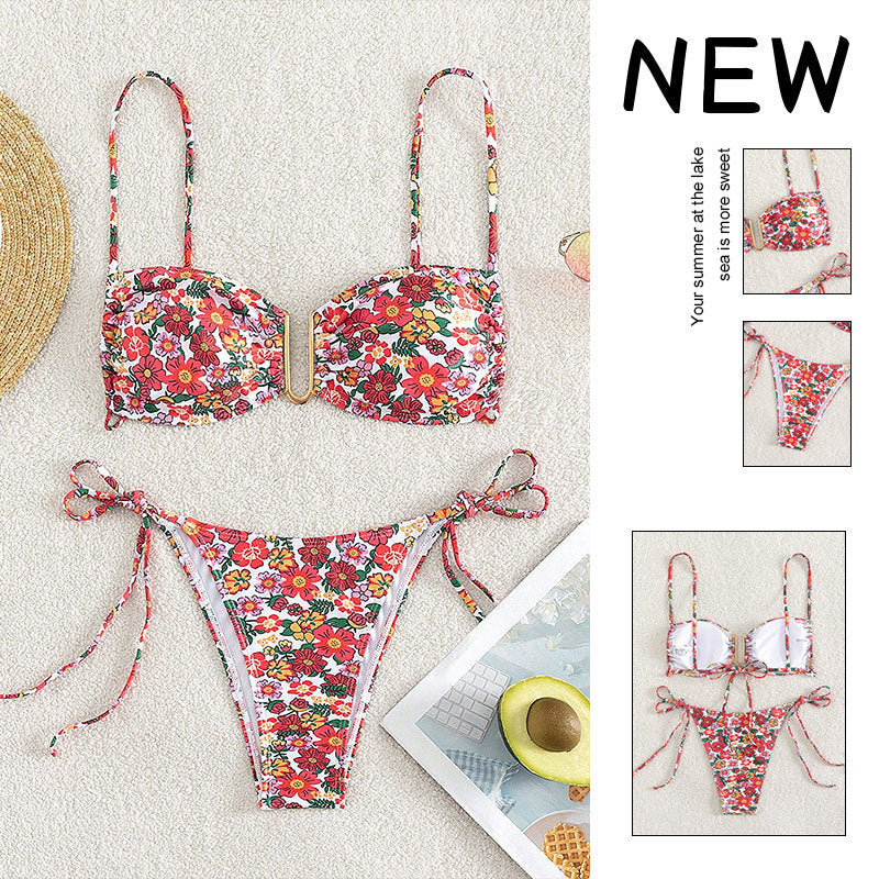 Dame Bikini-sæt med blomsterdesign og justerbare stropper Skovae